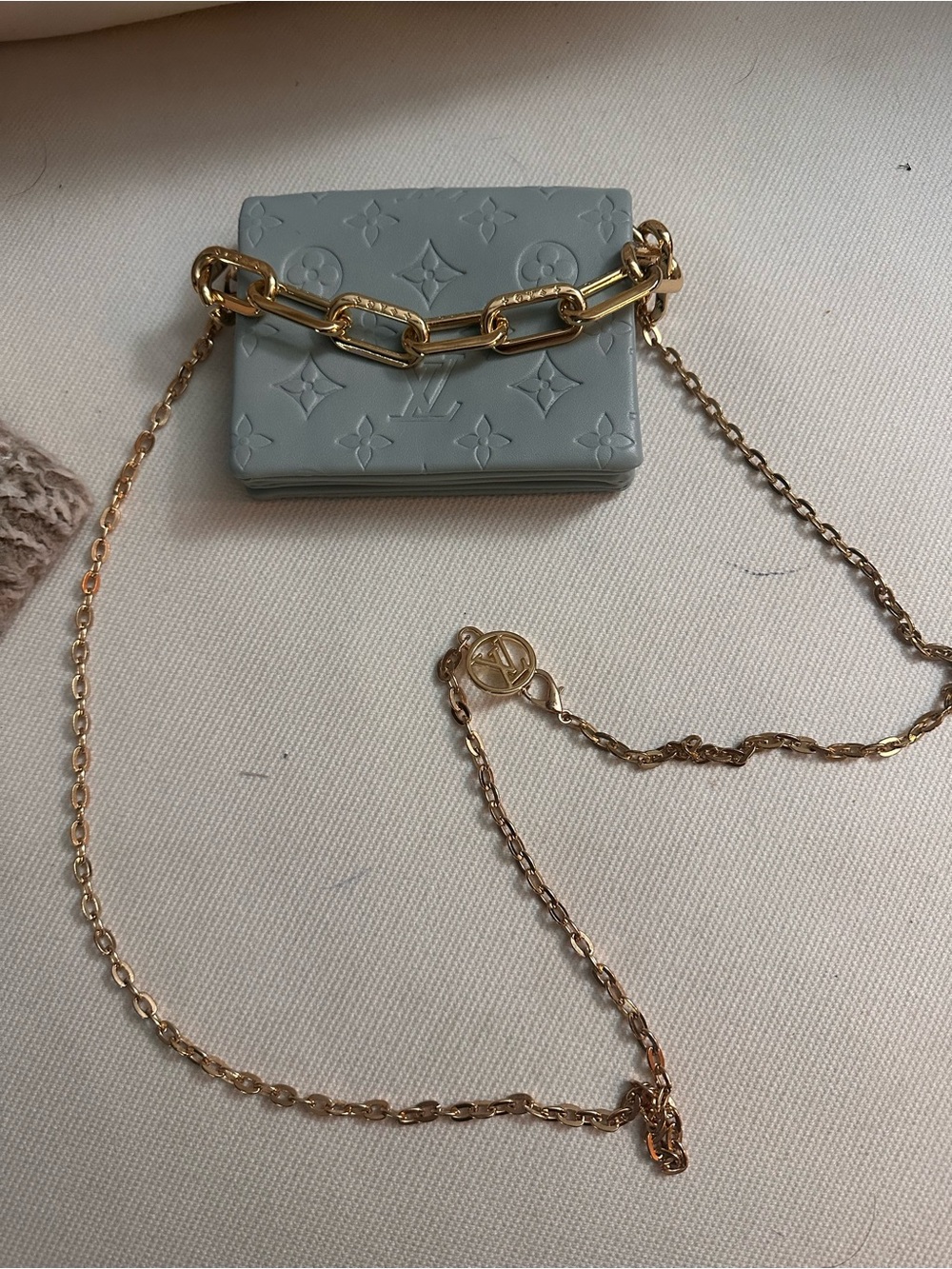 Embossed Mini Chain Crossbody in Light Blue with Gold Hardware